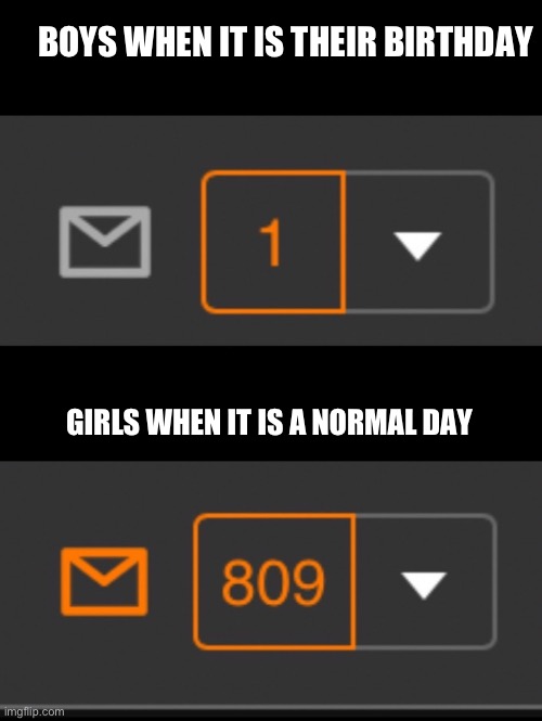 1 notification vs. 809 notifications with message | BOYS WHEN IT IS THEIR BIRTHDAY; GIRLS WHEN IT IS A NORMAL DAY | image tagged in 1 notification vs 809 notifications with message | made w/ Imgflip meme maker