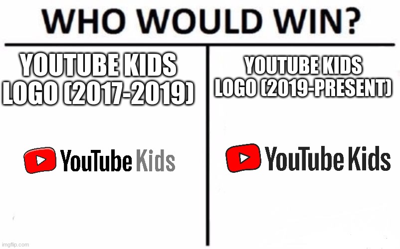 Who Would Win? | YOUTUBE KIDS LOGO (2019-PRESENT); YOUTUBE KIDS LOGO (2017-2019) | image tagged in memes,who would win,youtube kids,youtube | made w/ Imgflip meme maker