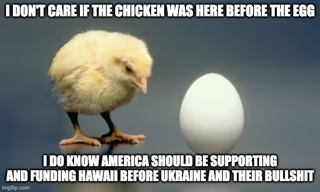 chicken egg USA ukraine - rohb/rupe | I DON'T CARE IF THE CHICKEN WAS HERE BEFORE THE EGG; I DO KNOW AMERICA SHOULD BE SUPPORTING AND FUNDING HAWAII BEFORE UKRAINE AND THEIR BULLSHIT | made w/ Imgflip meme maker