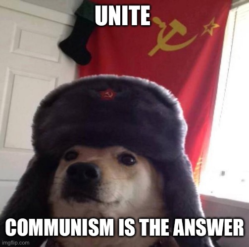 Russian Doge | UNITE; COMMUNISM IS THE ANSWER | image tagged in russian doge | made w/ Imgflip meme maker