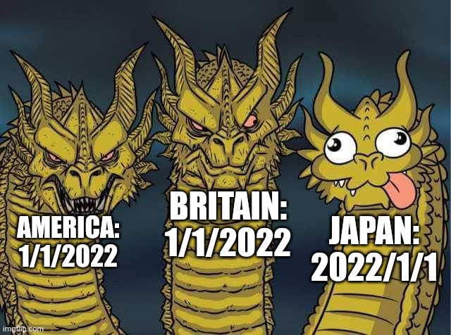Used in Comment | BRITAIN: 1/1/2022; JAPAN: 2022/1/1; AMERICA: 1/1/2022 | image tagged in hydra | made w/ Imgflip meme maker