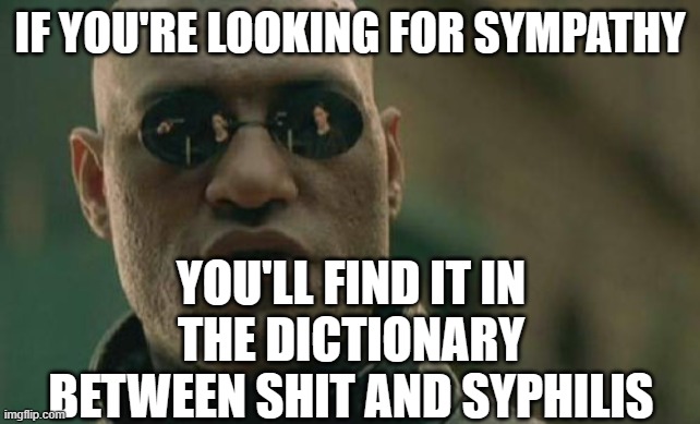 life can be tough | IF YOU'RE LOOKING FOR SYMPATHY; YOU'LL FIND IT IN THE DICTIONARY BETWEEN SHIT AND SYPHILIS | image tagged in memes,matrix morpheus | made w/ Imgflip meme maker