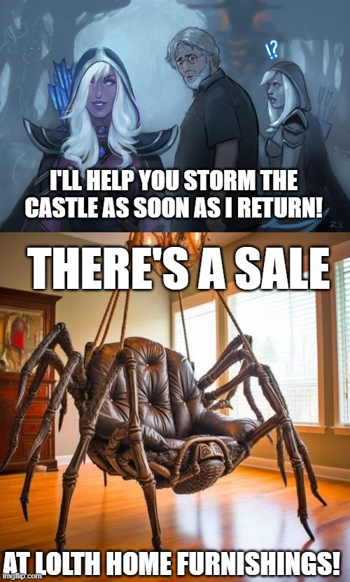 DnD Furniture Outlet | I'LL HELP YOU STORM THE CASTLE AS SOON AS I RETURN! THERE'S A SALE; AT LOLTH HOME FURNISHINGS! | image tagged in drow meme,spider chair | made w/ Imgflip meme maker