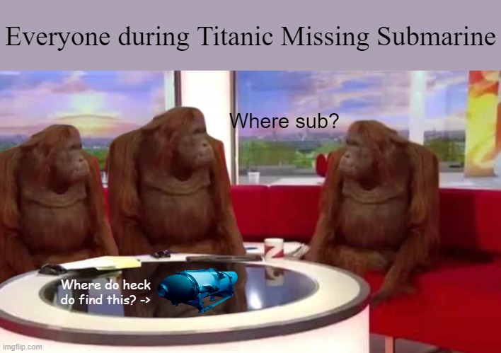 Where sub? | Everyone during Titanic Missing Submarine; Where sub? Where do heck do find this? -> | image tagged in where monkey | made w/ Imgflip meme maker