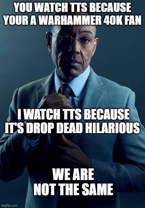 Gus Fring we are not the same | YOU WATCH TTS BECAUSE YOUR A WARHAMMER 40K FAN; I WATCH TTS BECAUSE IT'S DROP DEAD HILARIOUS; WE ARE NOT THE SAME | image tagged in gus fring we are not the same | made w/ Imgflip meme maker