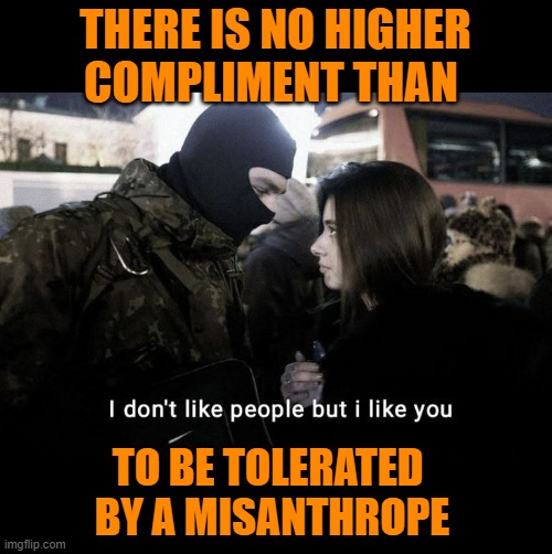 THERE IS NO HIGHER
COMPLIMENT THAN; TO BE TOLERATED 
BY A MISANTHROPE | image tagged in misanthrope,tolerance,friends,anti-social | made w/ Imgflip meme maker
