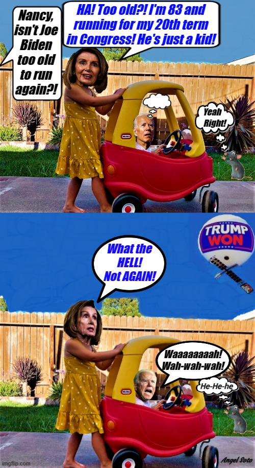 nancy pelosi with baby joey 1 & 2 | HA! Too old?! I'm 83 and
running for my 20th term
in Congress! He's just a kid! Nancy,
isn't Joe
Biden
too old
to run
again?! Yeah  
 Right! What the
HELL!
Not AGAIN! Waaaaaaaah!
Wah-wah-wah! He-He-he; Angel Soto | image tagged in sad joe biden,nancy pelosi,presidential election,congress,too old,chinese spy balloon | made w/ Imgflip meme maker