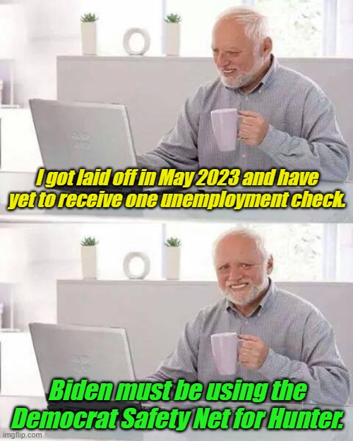If Democrats stand up for the little guy, and Joe Biden is the Big Guy, Democrats must be standing up for Hunter. | I got laid off in May 2023 and have yet to receive one unemployment check. Biden must be using the Democrat Safety Net for Hunter. | image tagged in memes,hide the pain harold | made w/ Imgflip meme maker