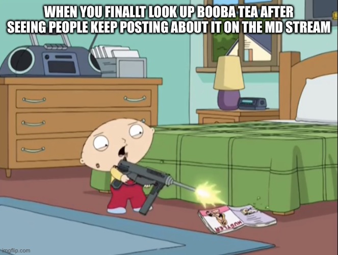 I regret every last thing | WHEN YOU FINALLT LOOK UP BOOBA TEA AFTER SEEING PEOPLE KEEP POSTING ABOUT IT ON THE MD STREAM | image tagged in stewie shooting magazine | made w/ Imgflip meme maker