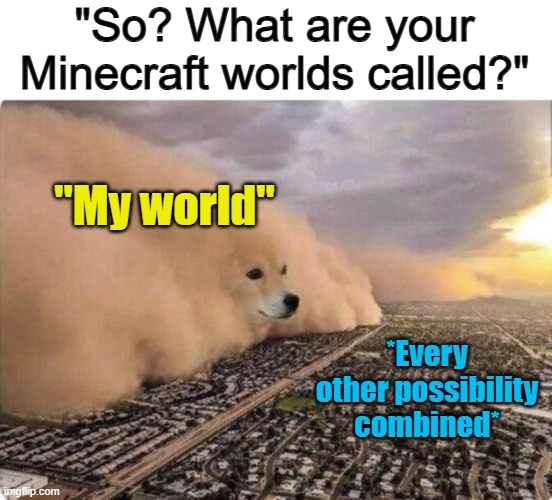 ... | "So? What are your Minecraft worlds called?"; "My world"; *Every other possibility combined* | image tagged in doge cloud | made w/ Imgflip meme maker