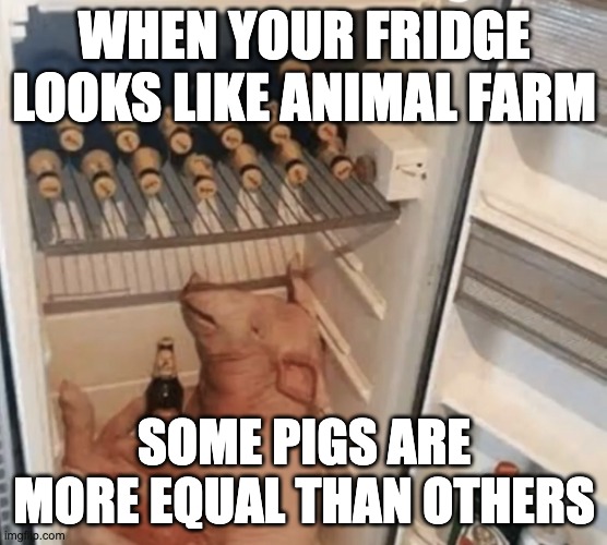 Napoleon moment | WHEN YOUR FRIDGE LOOKS LIKE ANIMAL FARM; SOME PIGS ARE MORE EQUAL THAN OTHERS | image tagged in pig in fridge,animal farm,napoleon,drunkard,reference | made w/ Imgflip meme maker