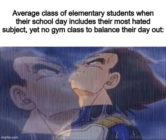 Gym class meant a lot to me back then :,) | Average class of elementary students when their school day includes their most hated subject, yet no gym class to balance their day out: | image tagged in sad vegeta,gmo fruits vegetables | made w/ Imgflip meme maker