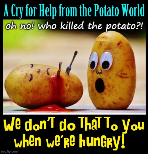 Peaceful Potatoes Panic from the Pugnacity of People | image tagged in vince vance,potato,potatoes,hunger,knife and fork,ketchup | made w/ Imgflip meme maker