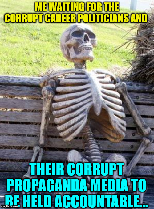 Waiting Skeleton Meme | ME WAITING FOR THE CORRUPT CAREER POLITICIANS AND THEIR CORRUPT PROPAGANDA MEDIA TO BE HELD ACCOUNTABLE... | image tagged in memes,waiting skeleton | made w/ Imgflip meme maker