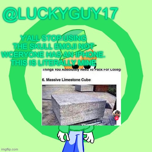 LuckyGuy17 Template | Y’ALL STOP USING THE SKULL EMOJI NOT WCERYONE HAS AN IPHONE. THIS IS LITERALLY MINE | image tagged in luckyguy17 template | made w/ Imgflip meme maker
