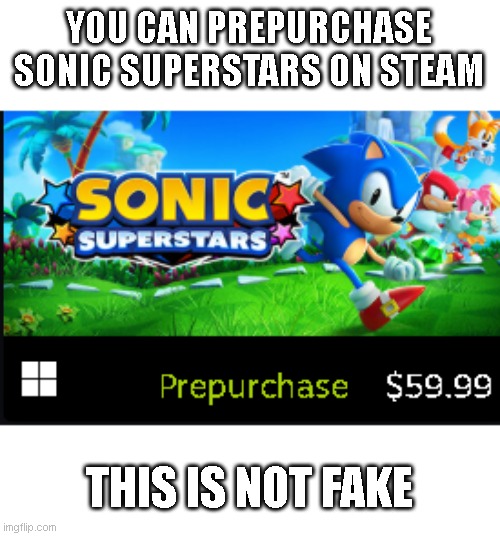sonic | YOU CAN PREPURCHASE SONIC SUPERSTARS ON STEAM; THIS IS NOT FAKE | image tagged in sonic the hedgehog | made w/ Imgflip meme maker