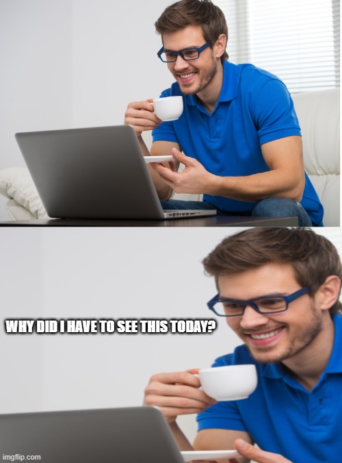 Guy drinking coffee and looking at PC with a smile | WHY DID I HAVE TO SEE THIS TODAY? | image tagged in guy drinking coffee and looking at pc with a smile | made w/ Imgflip meme maker