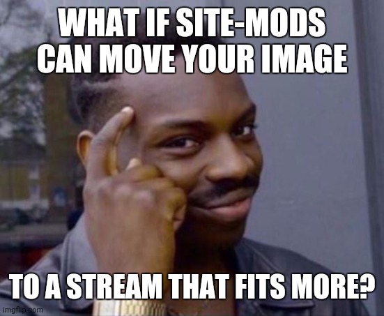 Blue genius | WHAT IF SITE-MODS CAN MOVE YOUR IMAGE; TO A STREAM THAT FITS MORE? | image tagged in black guy pointing at head | made w/ Imgflip meme maker