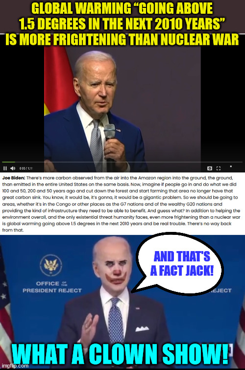 Can you believe libs actually believe this bs?  LOL | GLOBAL WARMING “GOING ABOVE 1.5 DEGREES IN THE NEXT 2010 YEARS” IS MORE FRIGHTENING THAN NUCLEAR WAR; AND THAT'S A FACT JACK! WHAT A CLOWN SHOW! | image tagged in joe biden clown,stupid liberals,climate change,hoax | made w/ Imgflip meme maker