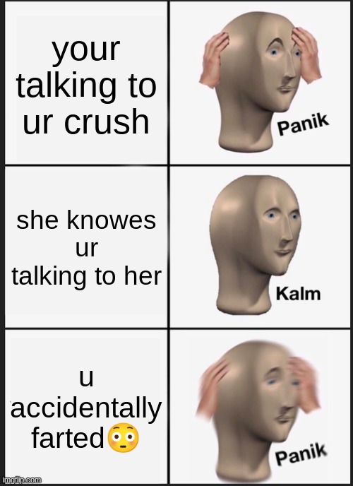 the worst moment in life | your talking to ur crush; she knowes ur talking to her; u accidentally farted😳 | image tagged in memes,panik kalm panik | made w/ Imgflip meme maker