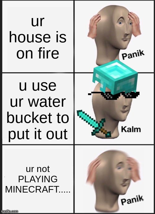 just a normal day on a normal afternoon sunday :/ | ur house is on fire; u use ur water bucket to put it out; ur not PLAYING MINECRAFT..... | image tagged in memes,panik kalm panik | made w/ Imgflip meme maker