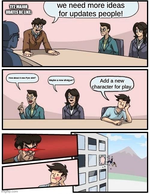 TF2 Major Updates Be Like | we need more ideas for updates people! TF2 MAJOR UDATES BE LIKE:; How about A new Pyro skin? Maybe a new shotgun? Add a new character for play. | image tagged in memes,boardroom meeting suggestion | made w/ Imgflip meme maker