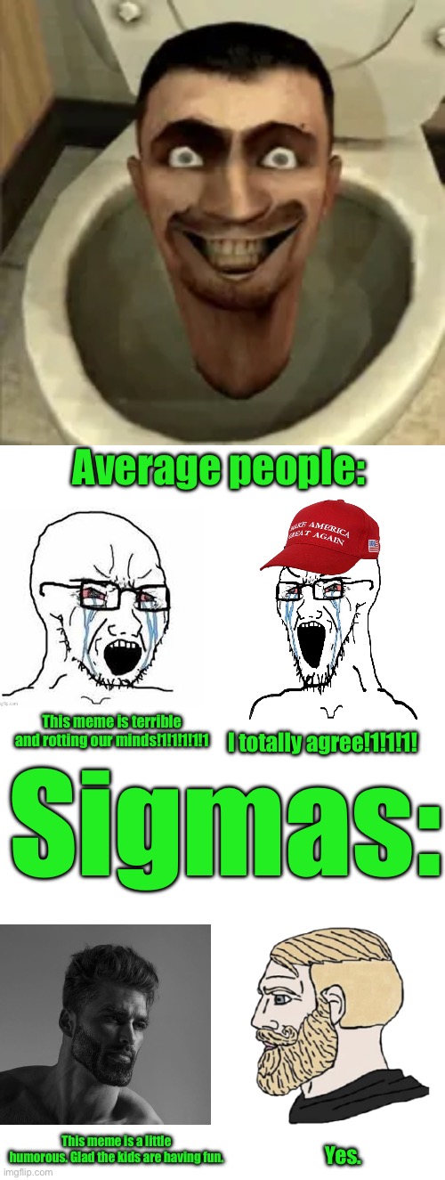 I worked so hard on this meme T-T | Average people:; This meme is terrible and rotting our minds!1!1!1!1!1; I totally agree!1!1!1! Sigmas:; This meme is a little humorous. Glad the kids are having fun. Yes. | image tagged in funny | made w/ Imgflip meme maker