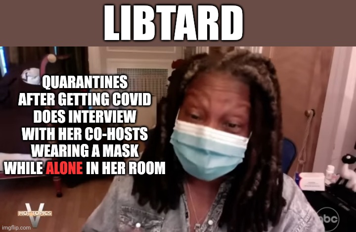 QUARANTINES AFTER GETTING COVID DOES INTERVIEW WITH HER CO-HOSTS WEARING A MASK WHILE ALONE IN HER ROOM; LIBTARD; ALONE | made w/ Imgflip meme maker
