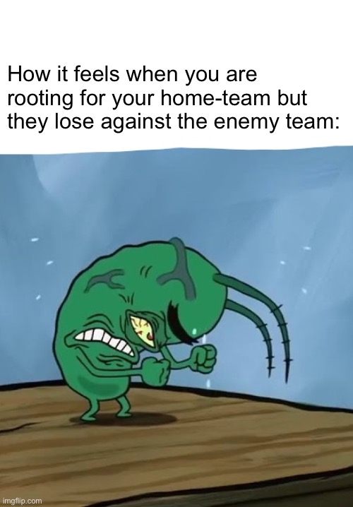 I recently went to a football game and the home team lost (I was rooting for the enemy team though) | How it feels when you are rooting for your home-team but they lose against the enemy team: | image tagged in plankton mad spongebob movie,nfl | made w/ Imgflip meme maker