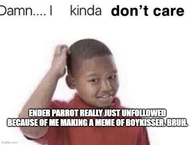there are furries you should hate and furries you shouldn't hate. | ENDER PARROT REALLY JUST UNFOLLOWED BECAUSE OF ME MAKING A MEME OF BOYKISSER. BRUH. | image tagged in damn i kinda dont care | made w/ Imgflip meme maker