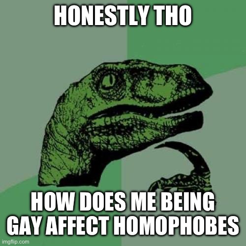 Why tho | HONESTLY THO; HOW DOES ME BEING GAY AFFECT HOMOPHOBES | image tagged in memes,philosoraptor,lgbtq | made w/ Imgflip meme maker