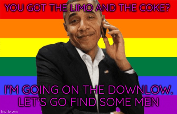 Picking up the phone and picking up men. | YOU GOT THE LIMO AND THE COKE? I'M GOING ON THE DOWNLOW. LET'S GO FIND SOME MEN | image tagged in obama gay pride backround | made w/ Imgflip meme maker