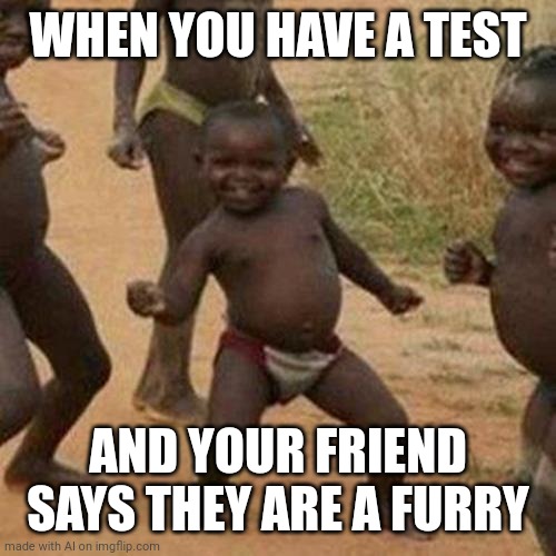 Third World Success Kid Meme | WHEN YOU HAVE A TEST; AND YOUR FRIEND SAYS THEY ARE A FURRY | image tagged in memes,third world success kid | made w/ Imgflip meme maker