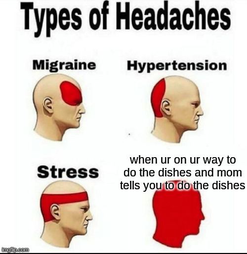 and now i dont feel like doing the dishes | when ur on ur way to do the dishes and mom tells you to do the dishes | image tagged in types of headaches meme,it could be worse | made w/ Imgflip meme maker