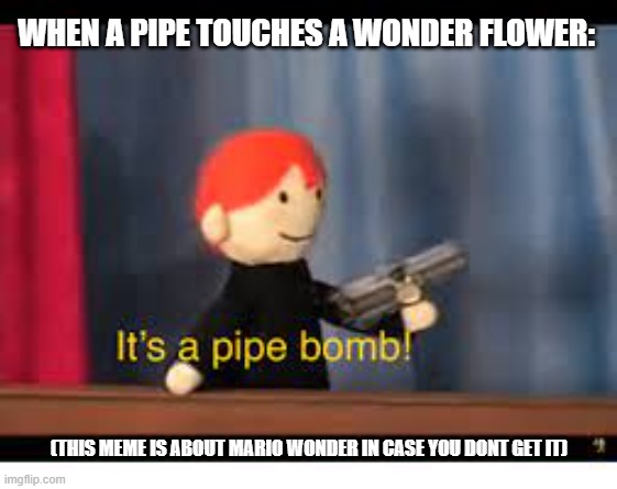 pipe+wonder flower=pipe bomb | WHEN A PIPE TOUCHES A WONDER FLOWER:; (THIS MEME IS ABOUT MARIO WONDER IN CASE YOU DONT GET IT) | image tagged in it's a pipe bomb | made w/ Imgflip meme maker