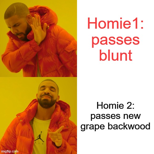 Drake Hotline Bling | Homie1: passes blunt; Homie 2: passes new grape backwood | image tagged in memes,drake hotline bling | made w/ Imgflip meme maker