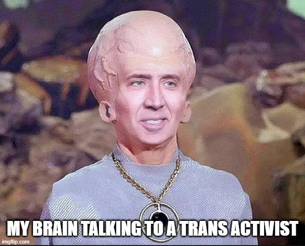 My Brain | MY BRAIN TALKING TO A TRANS ACTIVIST | image tagged in conservatives,liberal vs conservative,activism,transgender,trans,tired of hearing about transgenders | made w/ Imgflip meme maker