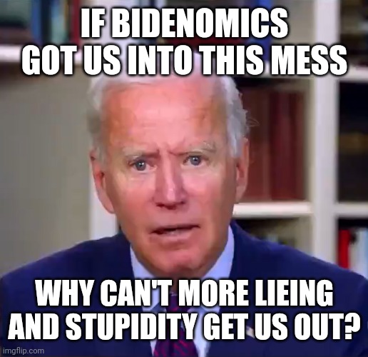 Slow Joe Biden Dementia Face | IF BIDENOMICS GOT US INTO THIS MESS; WHY CAN'T MORE LIEING AND STUPIDITY GET US OUT? | image tagged in slow joe biden dementia face | made w/ Imgflip meme maker