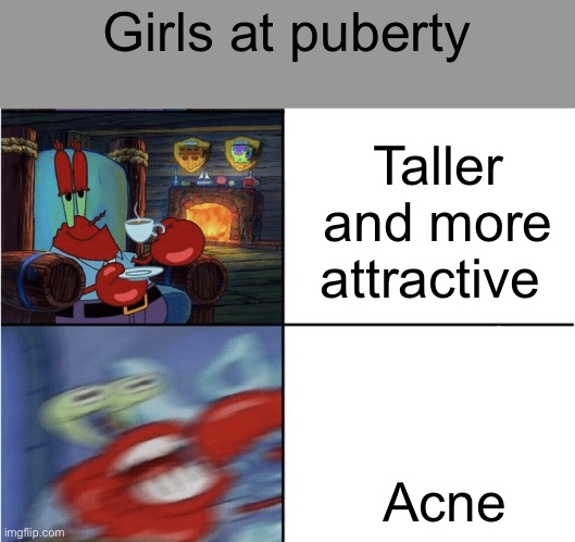 Girls pov: | Girls at puberty; Taller and more attractive; Acne | image tagged in mr krabs calm then angry | made w/ Imgflip meme maker