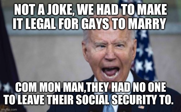 Biden Scream | NOT A JOKE, WE HAD TO MAKE IT LEGAL FOR GAYS TO MARRY; COM MON MAN,THEY HAD NO ONE TO LEAVE THEIR SOCIAL SECURITY TO. | image tagged in biden scream | made w/ Imgflip meme maker