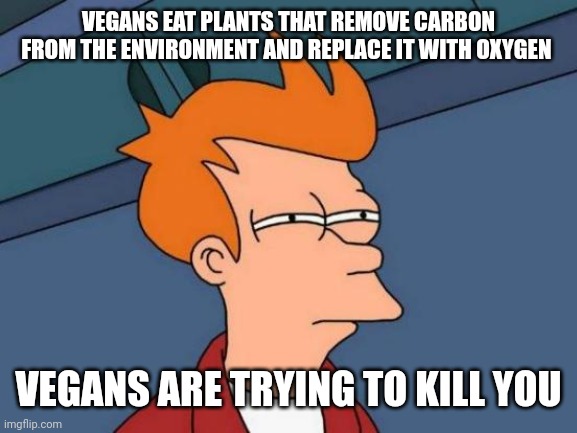 Futurama Fry Meme | VEGANS EAT PLANTS THAT REMOVE CARBON FROM THE ENVIRONMENT AND REPLACE IT WITH OXYGEN VEGANS ARE TRYING TO KILL YOU | image tagged in memes,futurama fry | made w/ Imgflip meme maker
