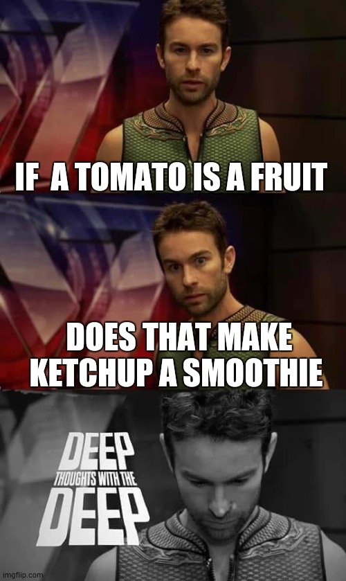 Does it???   \_(••)_/ | IF  A TOMATO IS A FRUIT; DOES THAT MAKE KETCHUP A SMOOTHIE | image tagged in deep thoughts with the deep | made w/ Imgflip meme maker