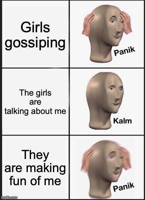Why are girls like this? | Girls gossiping; The girls are talking about me; They are making fun of me | image tagged in memes,panik kalm panik,funny memes,relatable memes | made w/ Imgflip meme maker