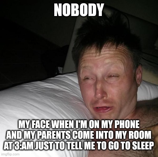 Literally nobody | NOBODY; MY FACE WHEN I'M ON MY PHONE AND MY PARENTS COME INTO MY ROOM AT 3:AM JUST TO TELL ME TO GO TO SLEEP | image tagged in limmy waking up | made w/ Imgflip meme maker