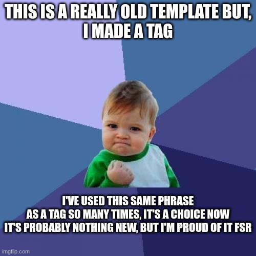 Accomplishment | THIS IS A REALLY OLD TEMPLATE BUT,
I MADE A TAG; I'VE USED THIS SAME PHRASE AS A TAG SO MANY TIMES, IT'S A CHOICE NOW

IT'S PROBABLY NOTHING NEW, BUT I'M PROUD OF IT FSR | image tagged in memes,success kid,tags,accomplishment,i never know what to put for tags | made w/ Imgflip meme maker