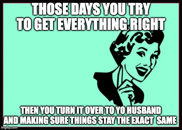 Perfection | THOSE DAYS YOU TRY TO GET EVERYTHING RIGHT; THEN YOU TURN IT OVER TO YO HUSBAND AND MAKING SURE THINGS STAY THE EXACT  SAME | image tagged in ecard | made w/ Imgflip meme maker