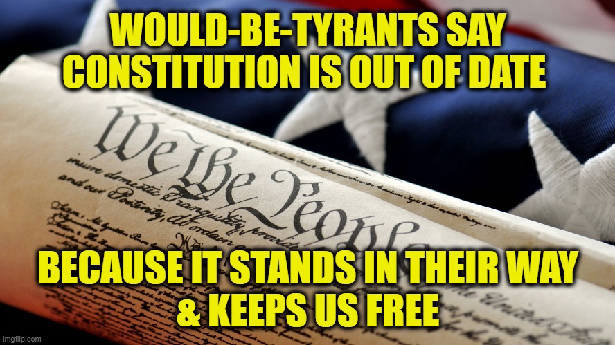 Greatest Document | WOULD-BE-TYRANTS SAY
CONSTITUTION IS OUT OF DATE; BECAUSE IT STANDS IN THEIR WAY
& KEEPS US FREE | image tagged in constitution | made w/ Imgflip meme maker