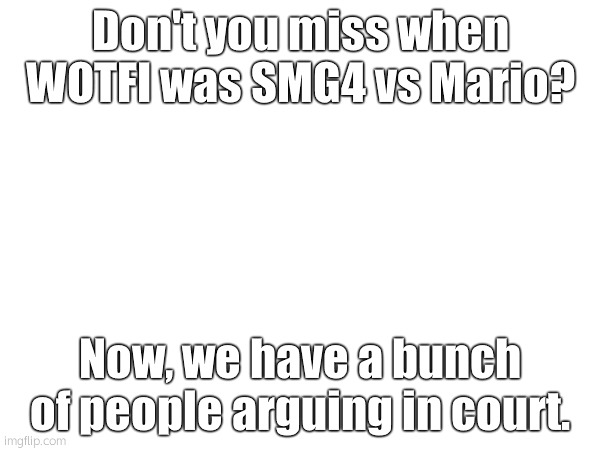 Don't you miss when WOTFI was SMG4 vs Mario? Now, we have a bunch of people arguing in court. | made w/ Imgflip meme maker