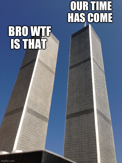 Twin Towers | BRO WTF IS THAT OUR TIME HAS COME | image tagged in twin towers | made w/ Imgflip meme maker