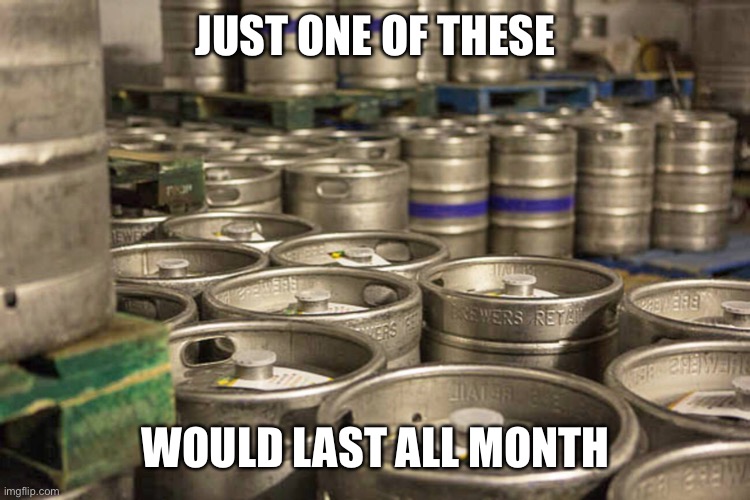 Kegs of beer | JUST ONE OF THESE WOULD LAST ALL MONTH | image tagged in kegs of beer | made w/ Imgflip meme maker